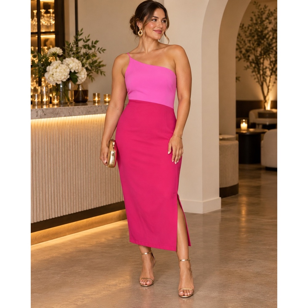 Petal + Pup Pink Colorblock One Shoulder Midi Dress Size 10 Side Slit Wedding